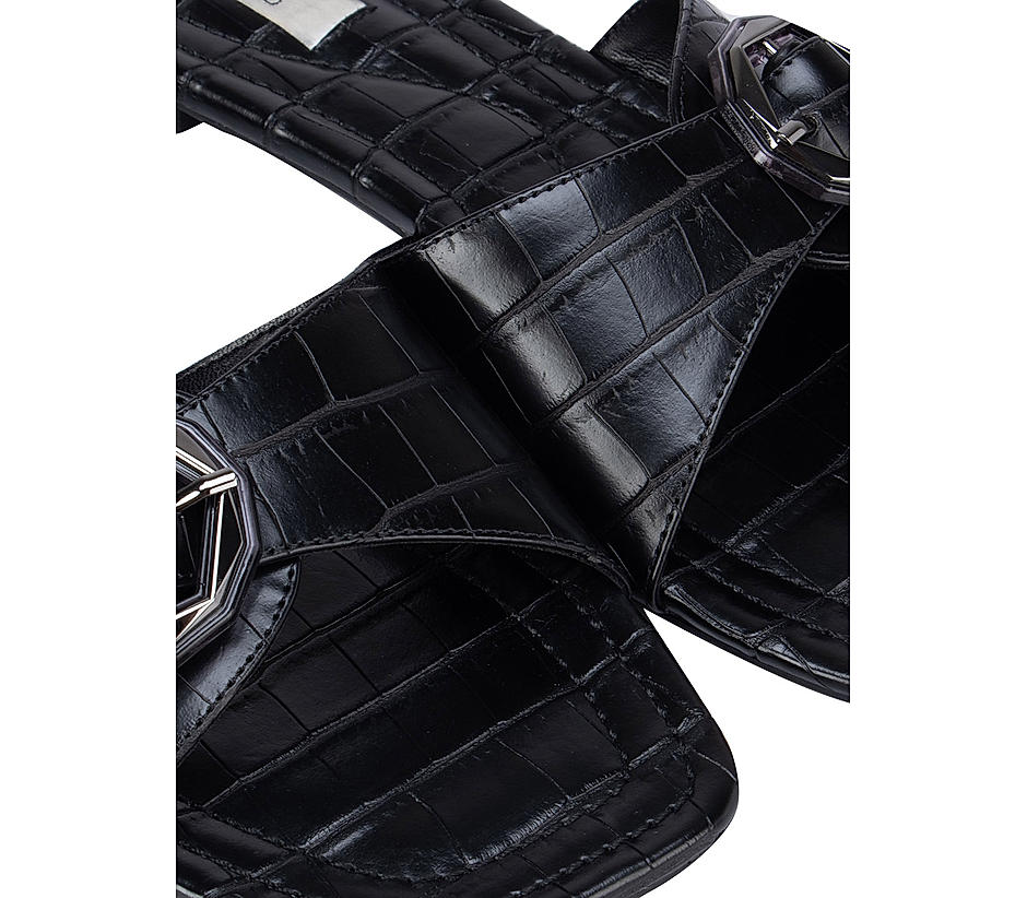 Black Croco Textured Strap Sliders