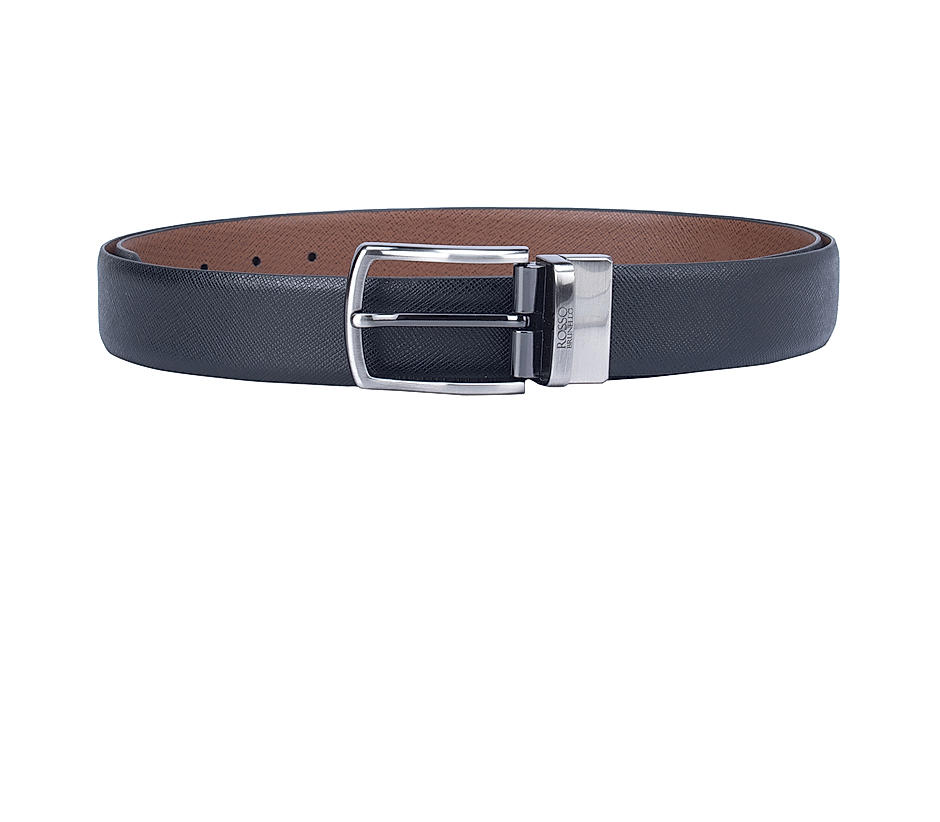 Reversible belt in dark brown saffiano and blue leather