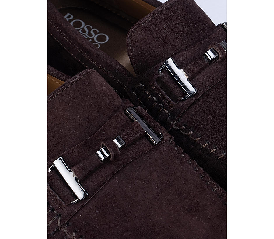 Coffee Suede Moccasins With Metal Buckle