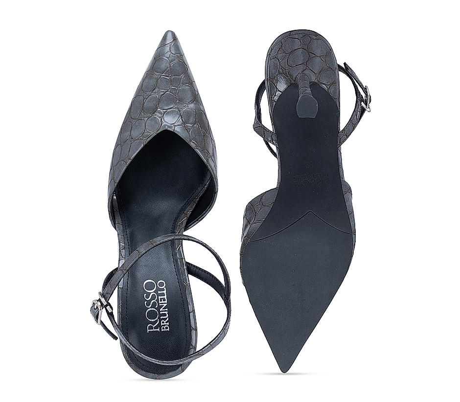 Grey Textured Leather Slingback Heels