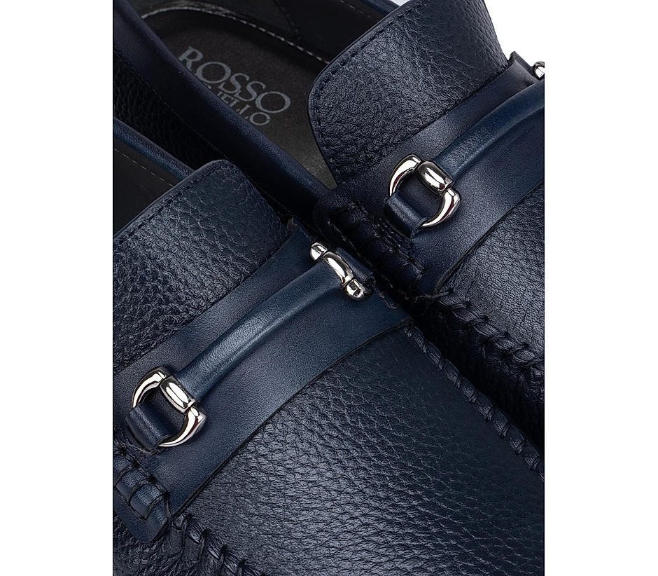 Navy Textured Leather Moccasins With Panel