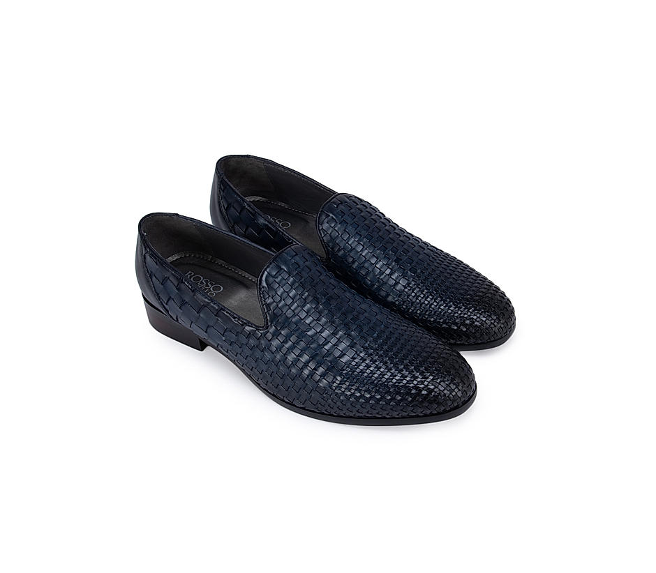 Navy Woven Pattern Loafers