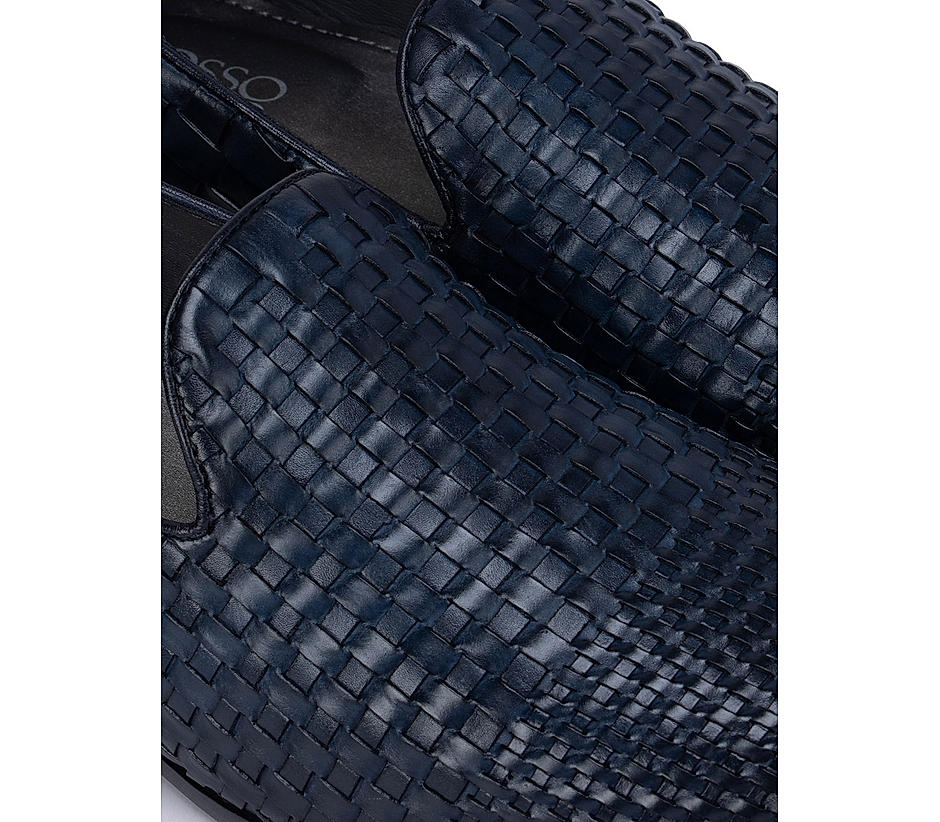 Navy Woven Pattern Loafers