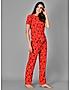 KOTTY Red Printed Cotton Women T-Shirt and Pyjama Set