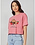 KOTTY WOMEN GRAPHIC PRINT ROUND NECK COTTON BLEND PINK T-SHIRT