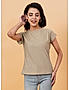 KOTTY WOMEN SOLID ROUND NECK COTTON BLEND BEIGE T-SHIRT