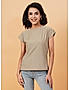 KOTTY WOMEN SOLID ROUND NECK COTTON BLEND BEIGE T-SHIRT