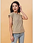 KOTTY WOMEN SOLID ROUND NECK COTTON BLEND BEIGE T-SHIRT