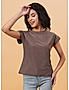 KOTTY WOMEN SOLID ROUND NECK COTTON BLEND BROWN T-SHIRT