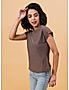 KOTTY WOMEN SOLID ROUND NECK COTTON BLEND BROWN T-SHIRT