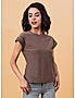 KOTTY WOMEN SOLID ROUND NECK COTTON BLEND BROWN T-SHIRT