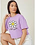 KOTTY WOMEN PRINTED ROUND NECK COTTON BLEND PURPLE T-SHIRT