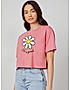 KOTTY WOMEN PRINTED ROUND NECK COTTON BLEND PINK T-SHIRT