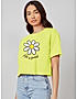 KOTTY WOMEN PRINTED ROUND NECK COTTON BLEND YELLOW T-SHIRT