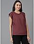 KOTTY WOMEN SOLID ROUND NECK COTTON BLEND MAROON T-SHIRT