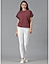 KOTTY WOMEN SOLID ROUND NECK COTTON BLEND MAROON T-SHIRT