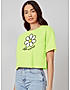 KOTTY WOMEN PRINTED ROUND NECK COTTON BLEND LIGHT GREEN T-SHIRT