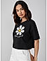 KOTTY WOMEN PRINTED ROUND NECK COTTON BLEND BLACK T-SHIRT