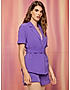 KOTTY WOMENS SOLID SPREAD COLLAR PURPLE TWO PIECE CO-ORD SET