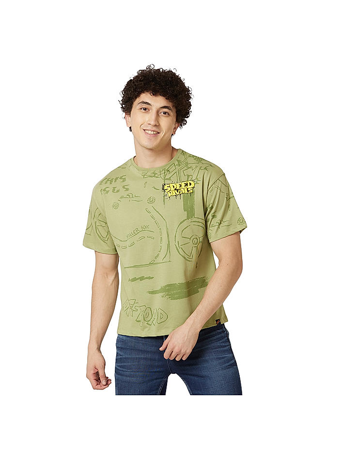 Buy Green Printed Round Neck Casual T Shirts Online at Killer Jeans 528713