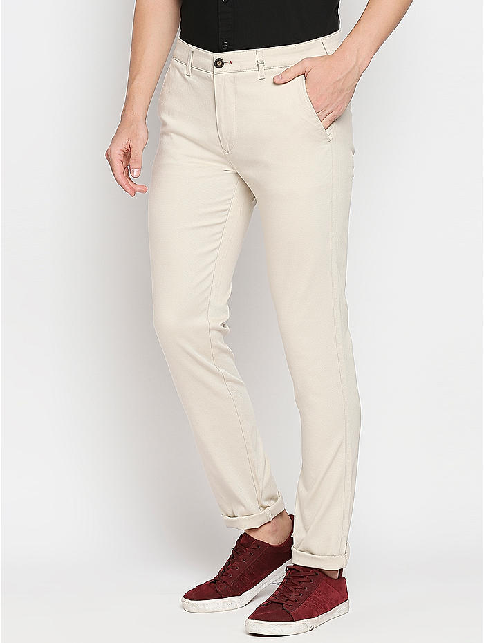 Plain Men Cream Color Polyester Trouser Slim Fit