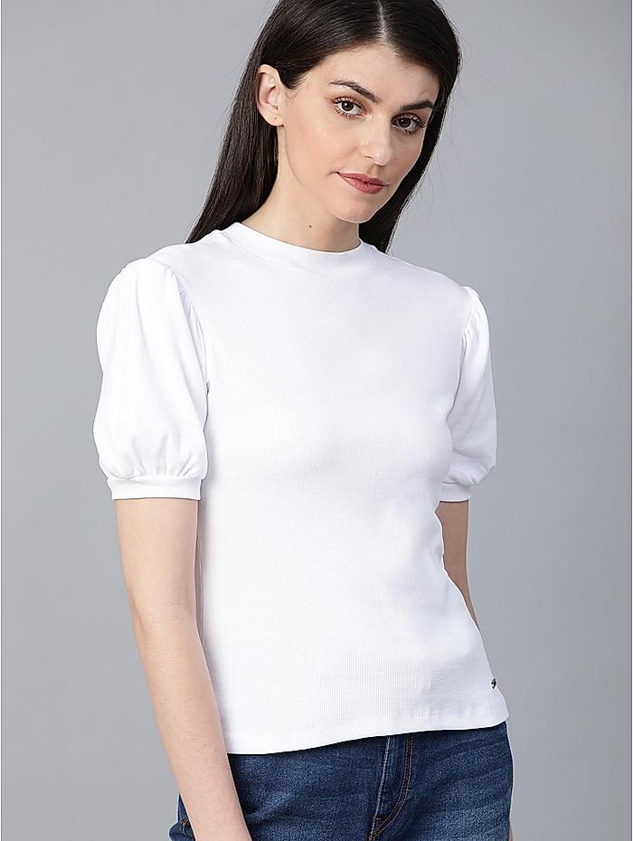 Roadster Women White Ribbed Pure Cotton Top