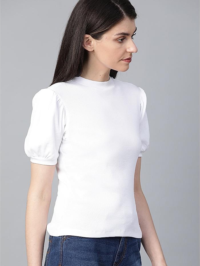 Roadster Women White Ribbed Pure Cotton Top