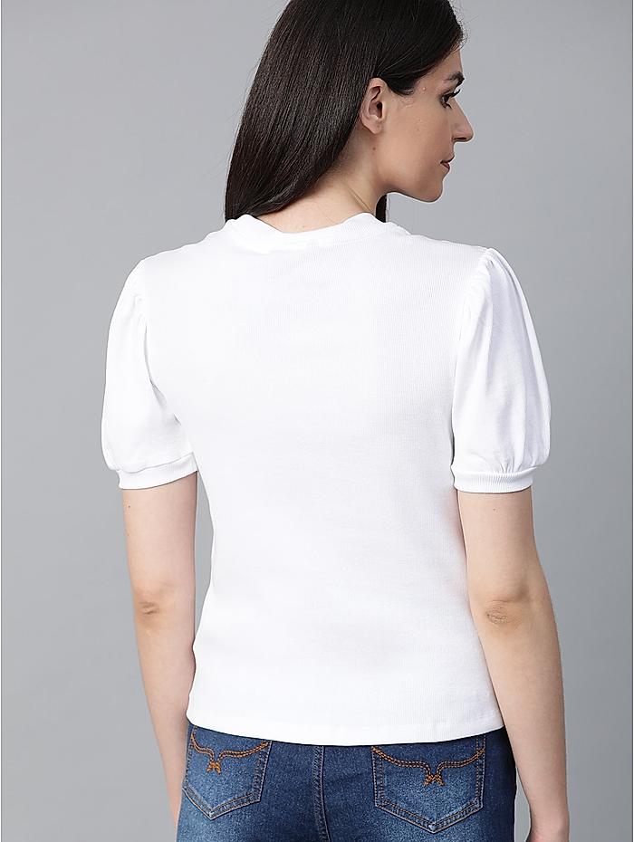 Roadster Women White Ribbed Pure Cotton Top