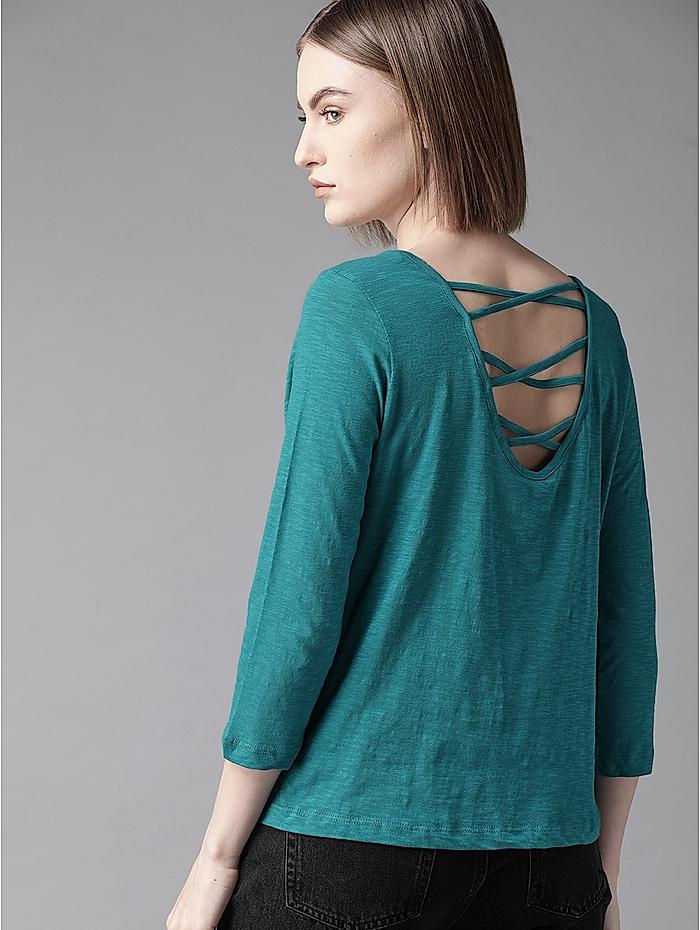 Roadster Women Teal Green Solid Styled Back Top