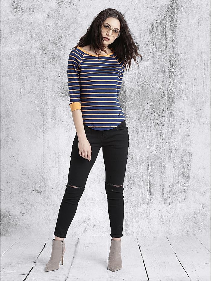 Roadster Women Navy Blue  Orange Striped High-Low Pure Cotton Top