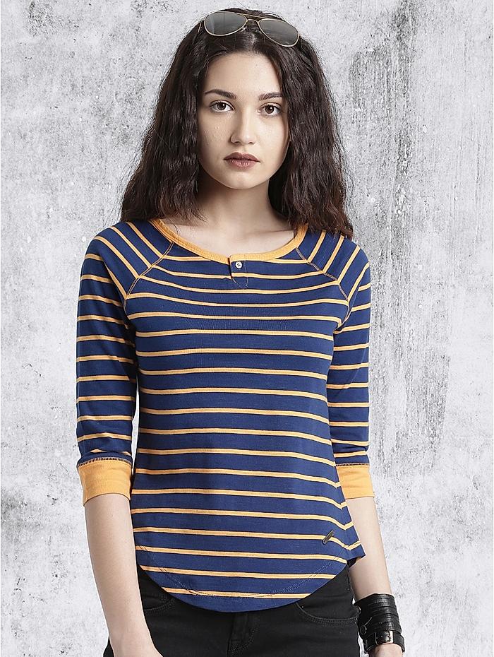 Roadster Women Navy Blue  Orange Striped High-Low Pure Cotton Top