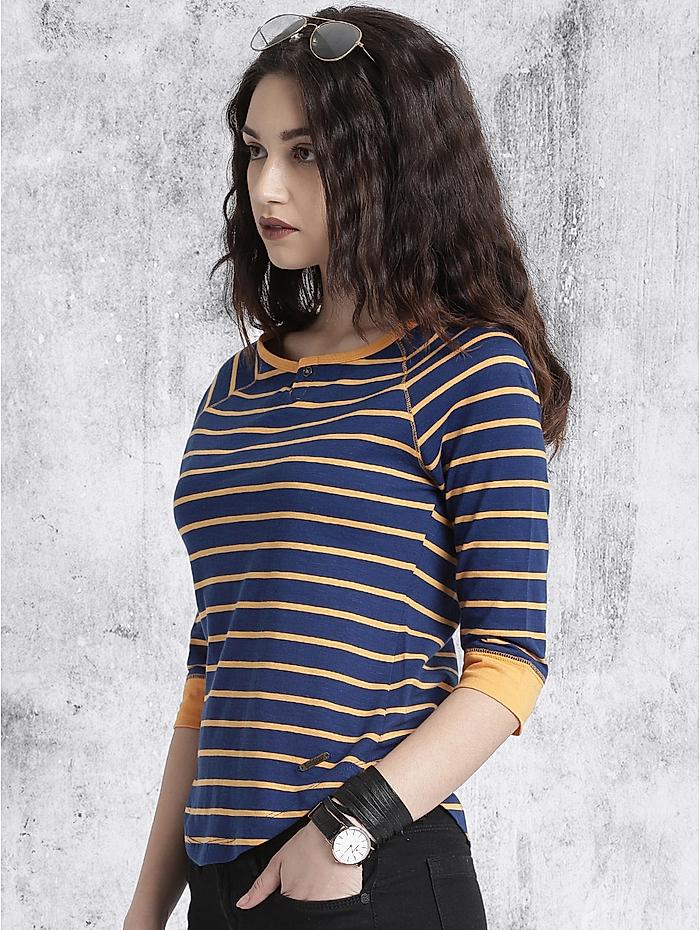 Roadster Women Navy Blue  Orange Striped High-Low Pure Cotton Top