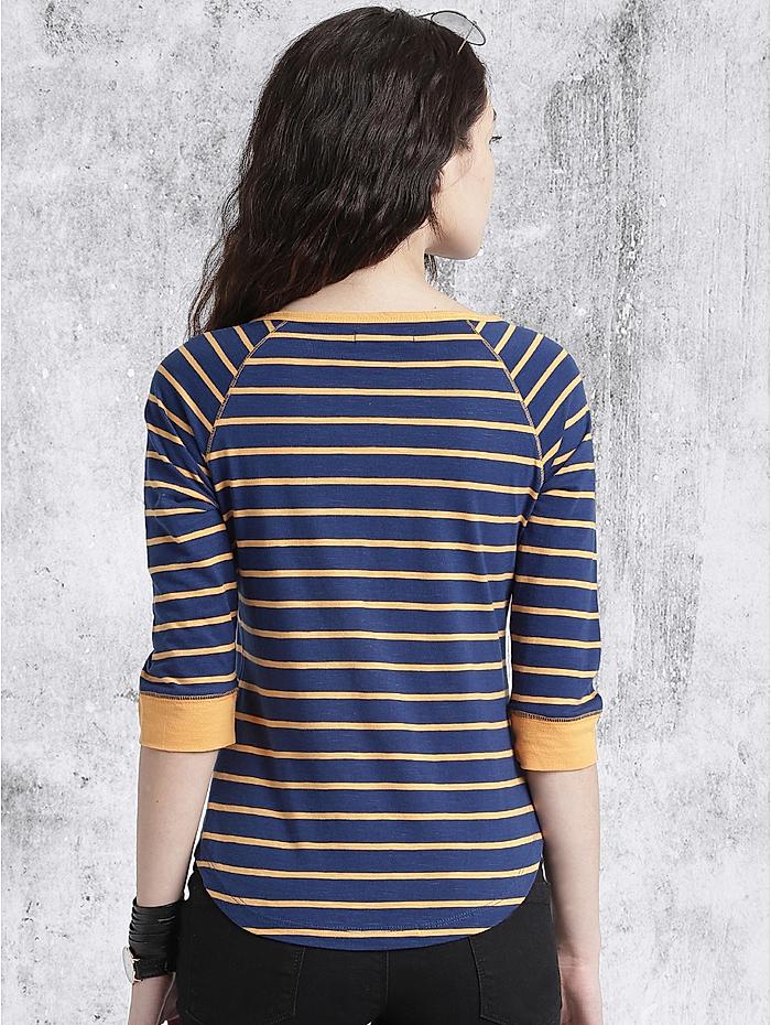 Roadster Women Navy Blue  Orange Striped High-Low Pure Cotton Top