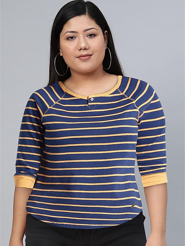 Roadster Women Navy Blue  Orange Striped High-Low Pure Cotton Top