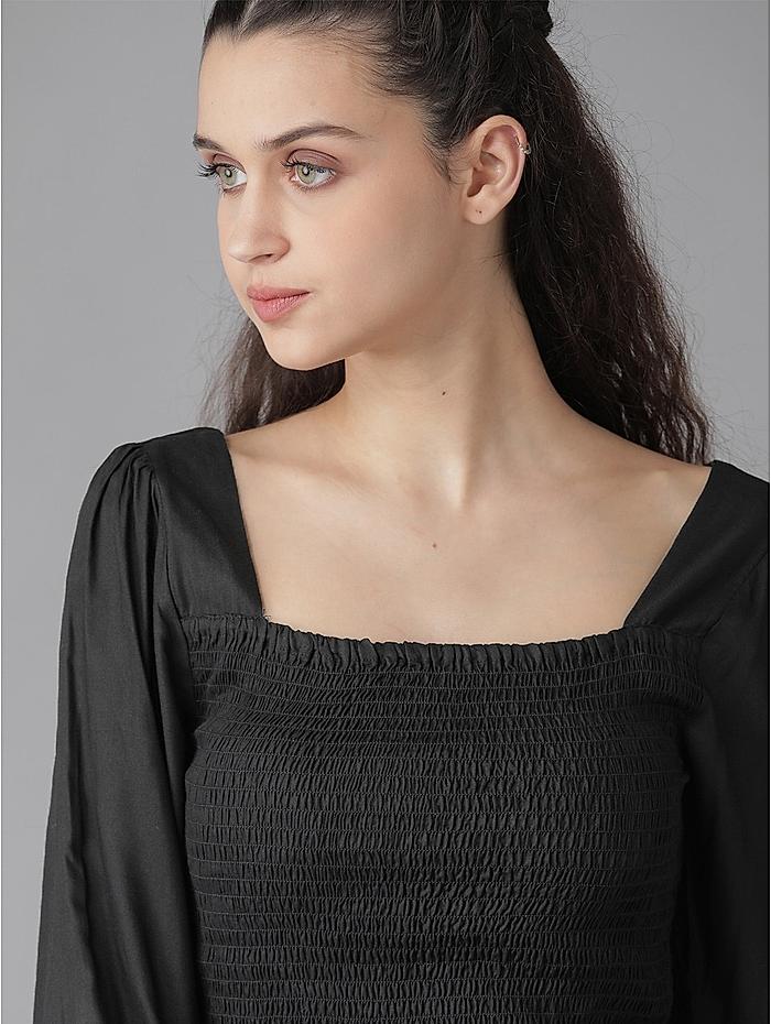 The Roadster Lifestyle Co Black Puff Sleeves Smocked Squared Neck Fittd Sustainable Top