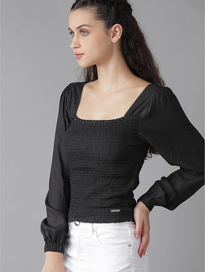 The Roadster Lifestyle Co Black Puff Sleeves Smocked Squared Neck Fittd Sustainable Top