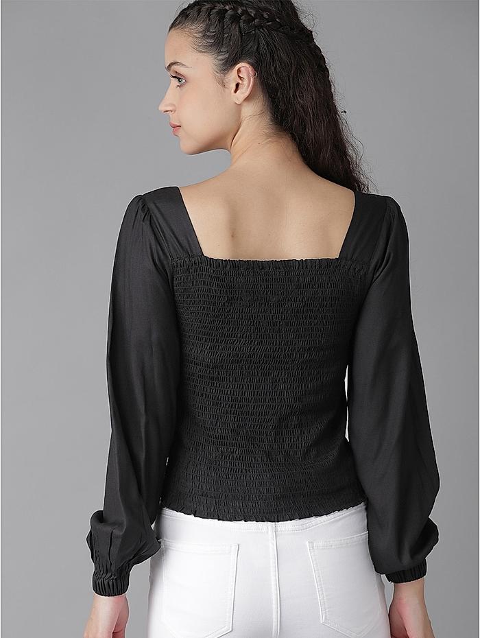 The Roadster Lifestyle Co Black Puff Sleeves Smocked Squared Neck Fittd Sustainable Top