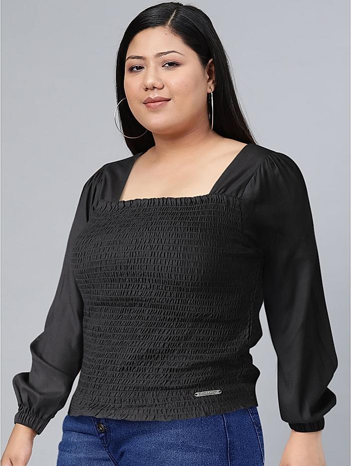 The Roadster Lifestyle Co Black Puff Sleeves Smocked Squared Neck Fittd Sustainable Top