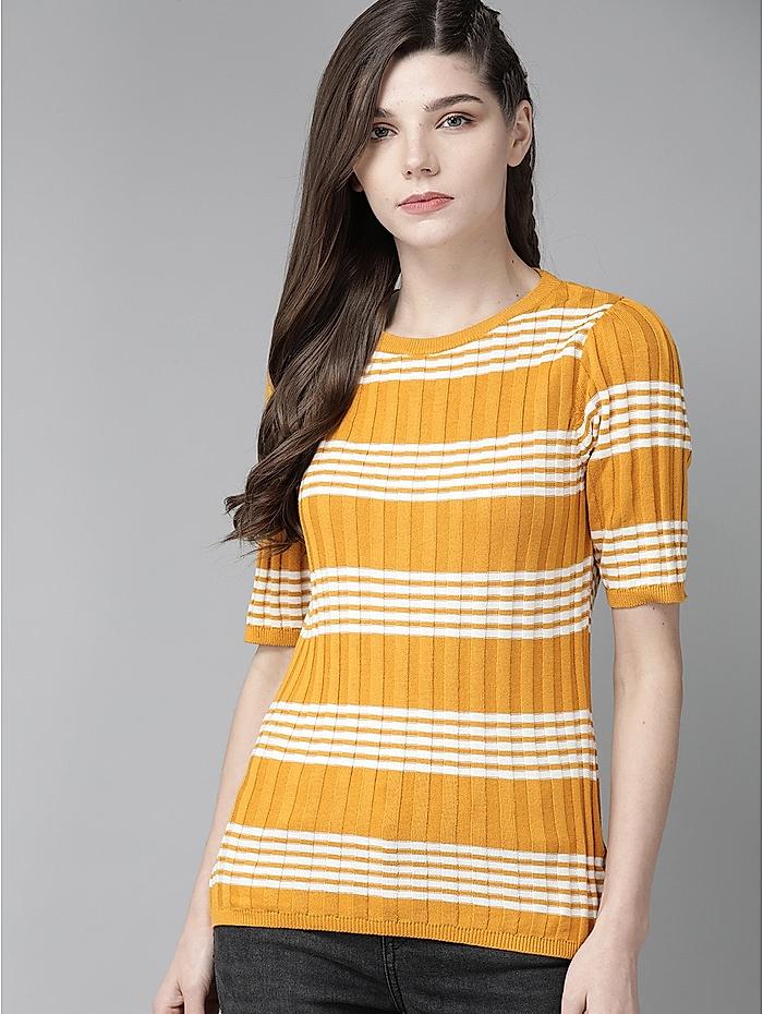 The Roadster Lifestyle Co Mustard Yellow  White Striped Fitted Top