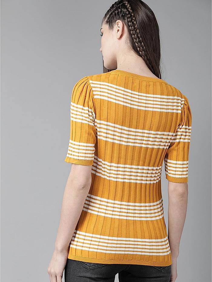 The Roadster Lifestyle Co Mustard Yellow  White Striped Fitted Top