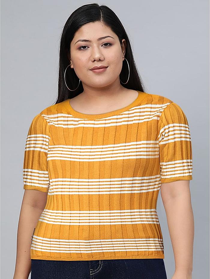 The Roadster Lifestyle Co Mustard Yellow  White Striped Fitted Top