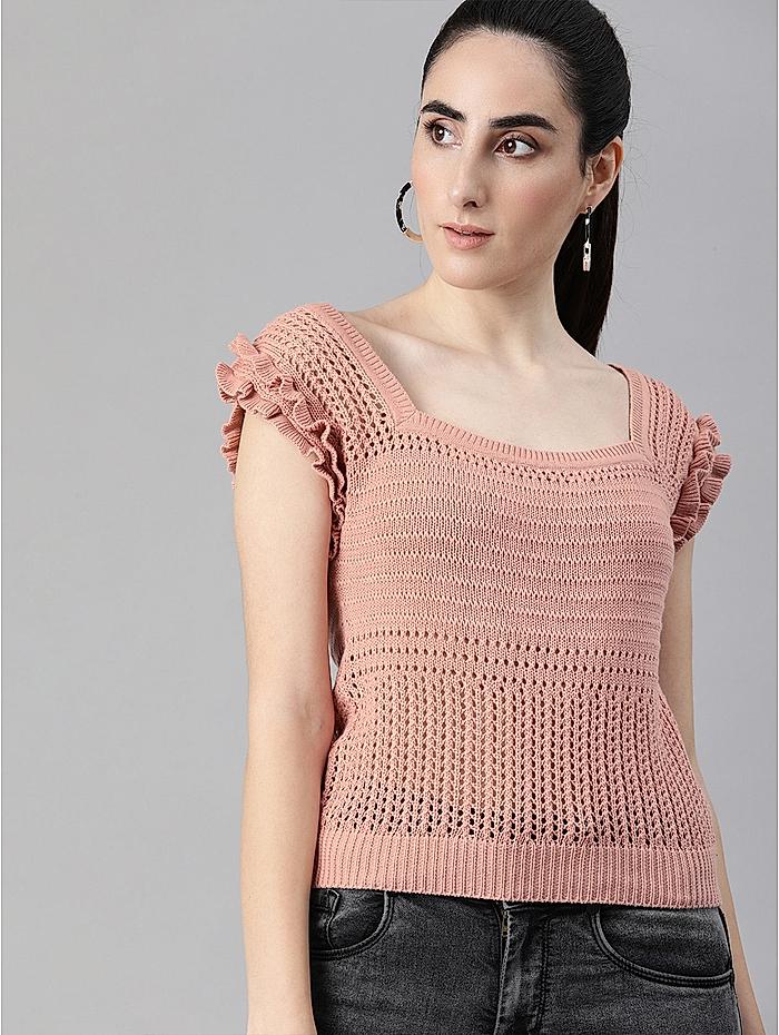 Roadster Pink Puff Sleeve Crochet Regular Top