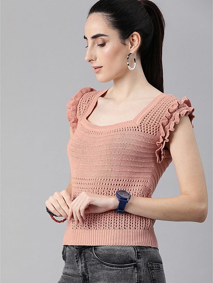 Roadster Pink Puff Sleeve Crochet Regular Top