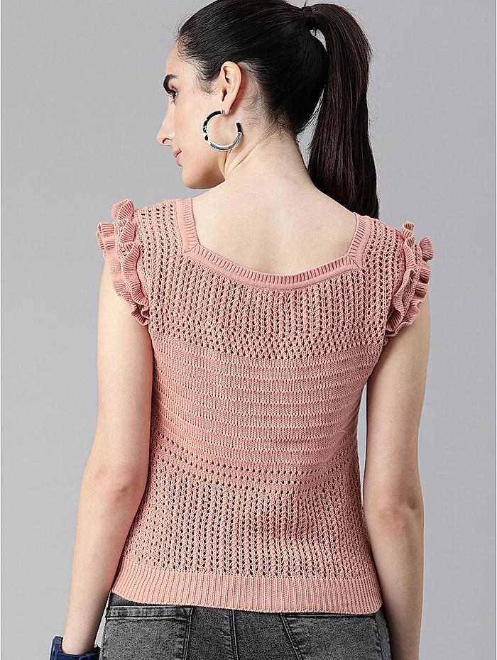 Roadster Pink Puff Sleeve Crochet Regular Top