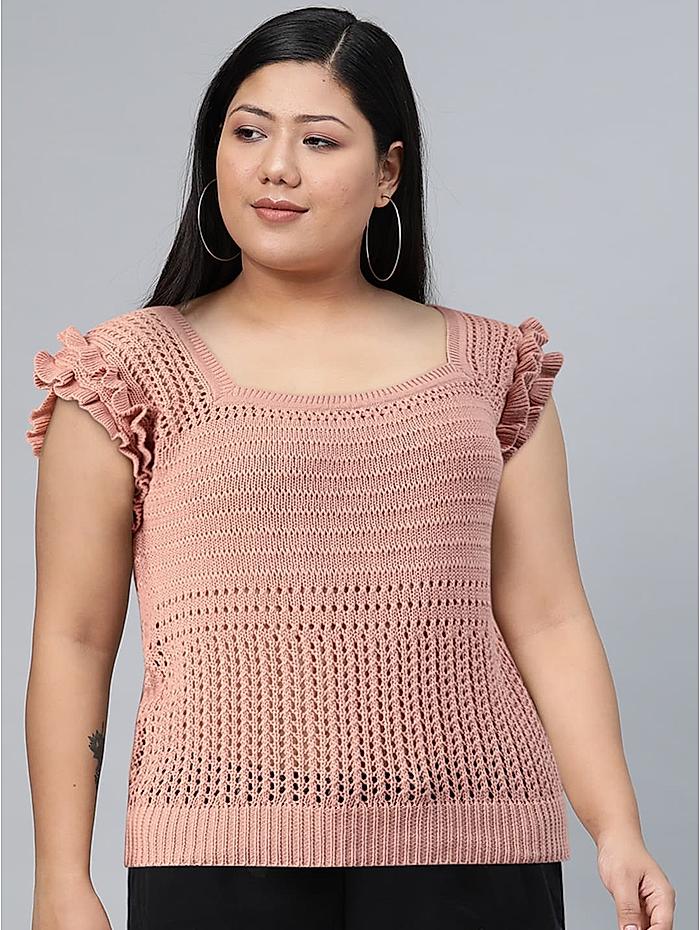 Roadster Pink Puff Sleeve Crochet Regular Top