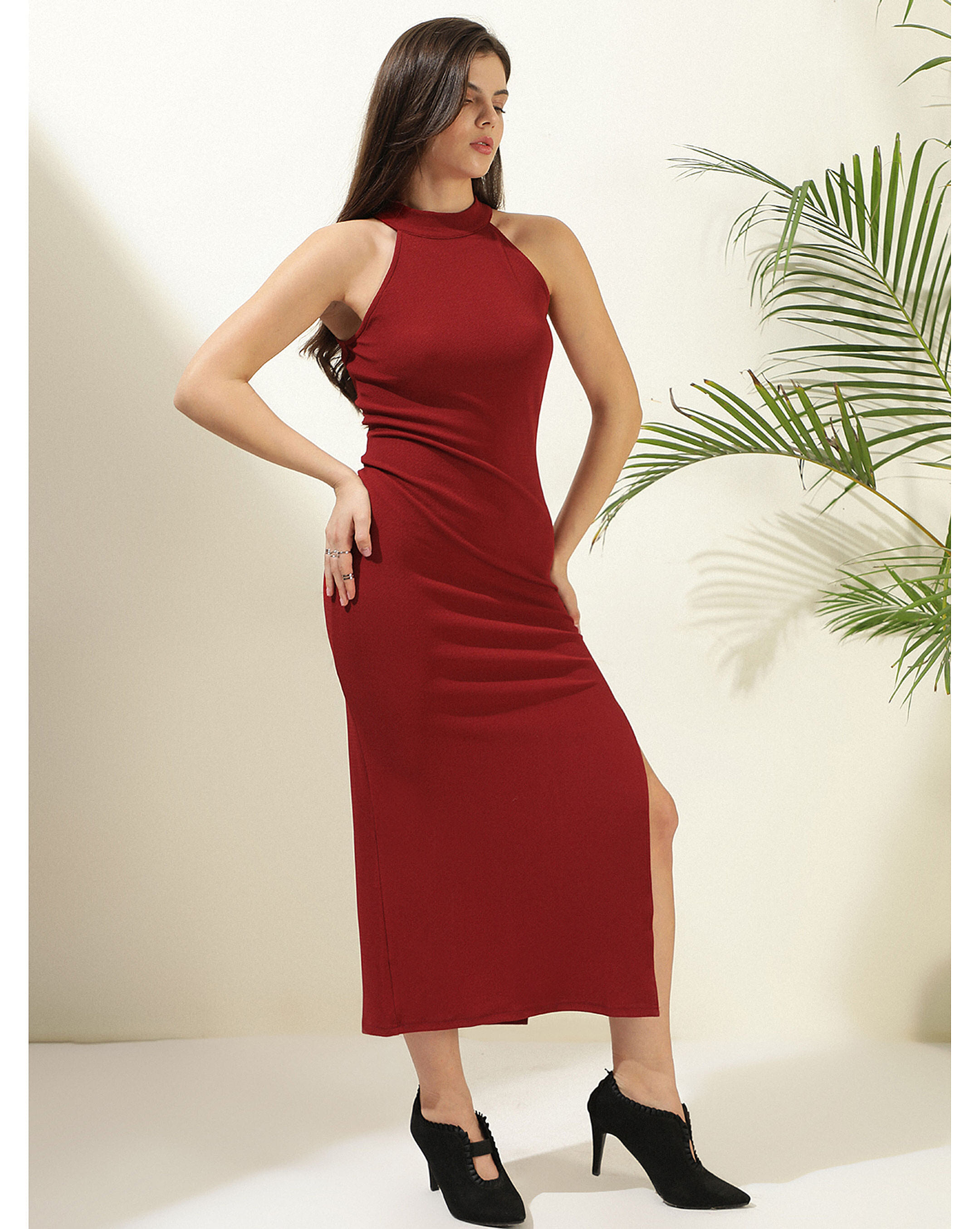 KOTTY Womens Halter Neck Bodycon Straight Maxi Dress