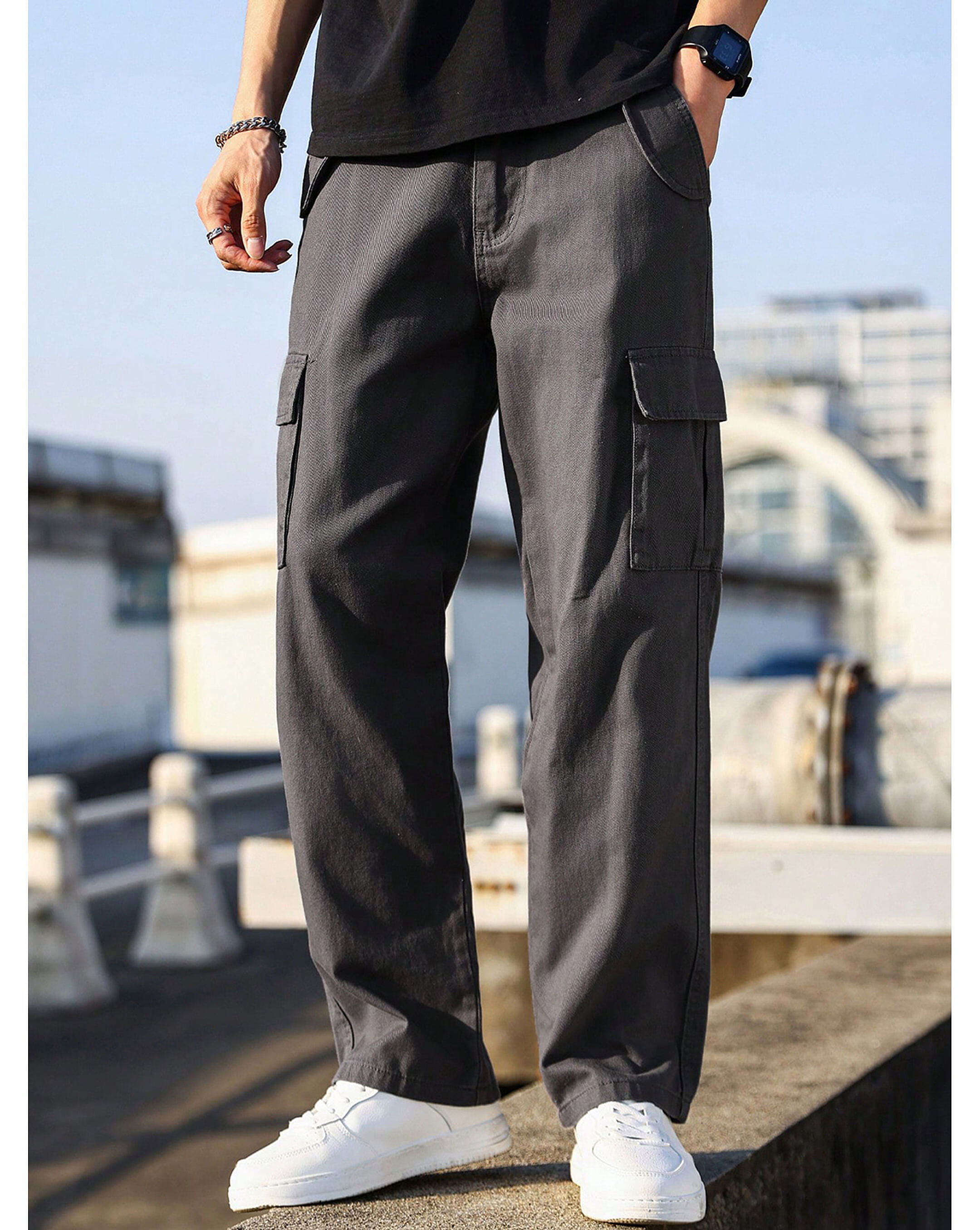 KOTTY Mens Solid Mid Rise Straight Fit stylish Cargo Jeans