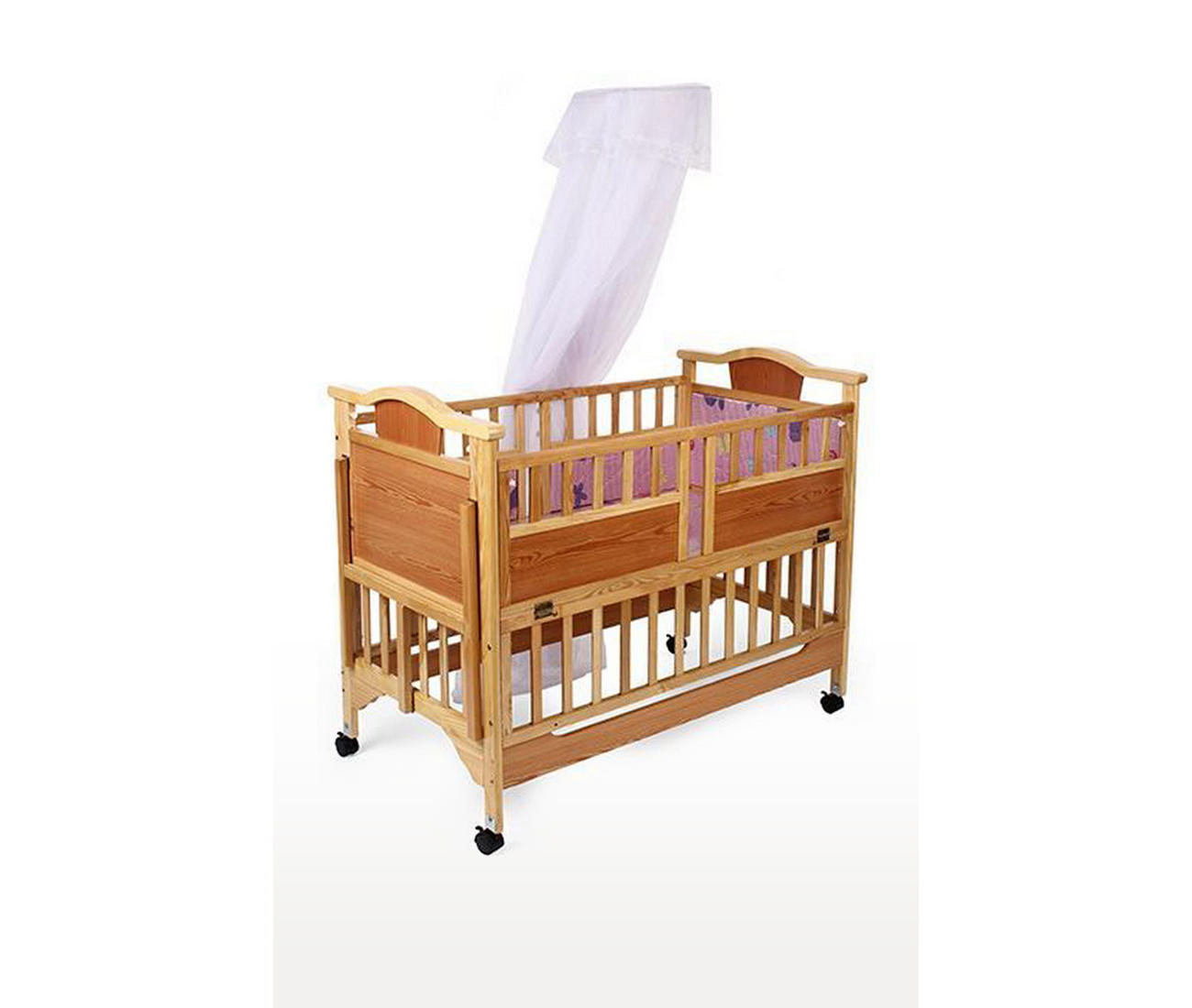 wooden cot with mosquito net