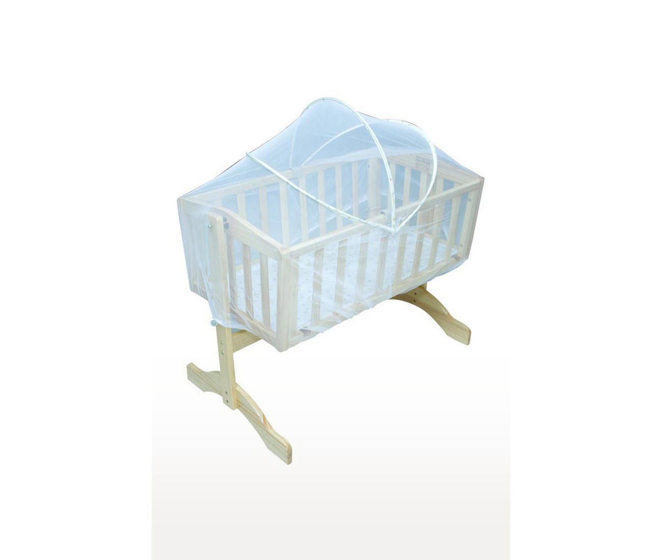 wooden cradle with mosquito net