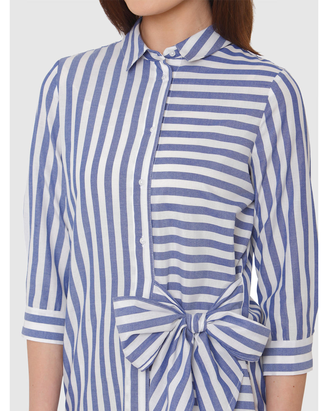 Buy Women White And Blue Striped Large Side Bow Detail Shirt